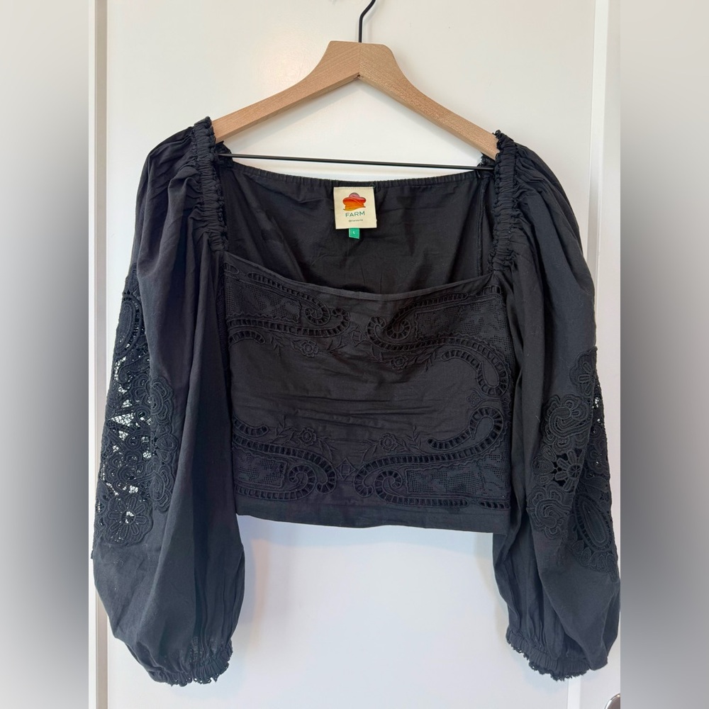 FARM Rio Black Embroidered Puff-Sleeve Square Neck Top